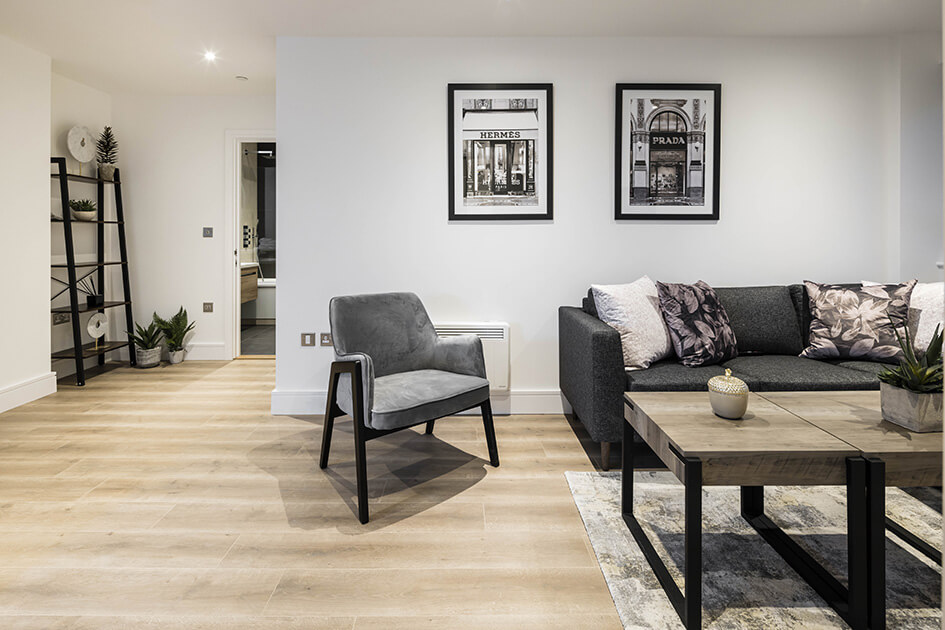 A living area at a Newacre House apartment by Galliard Homes