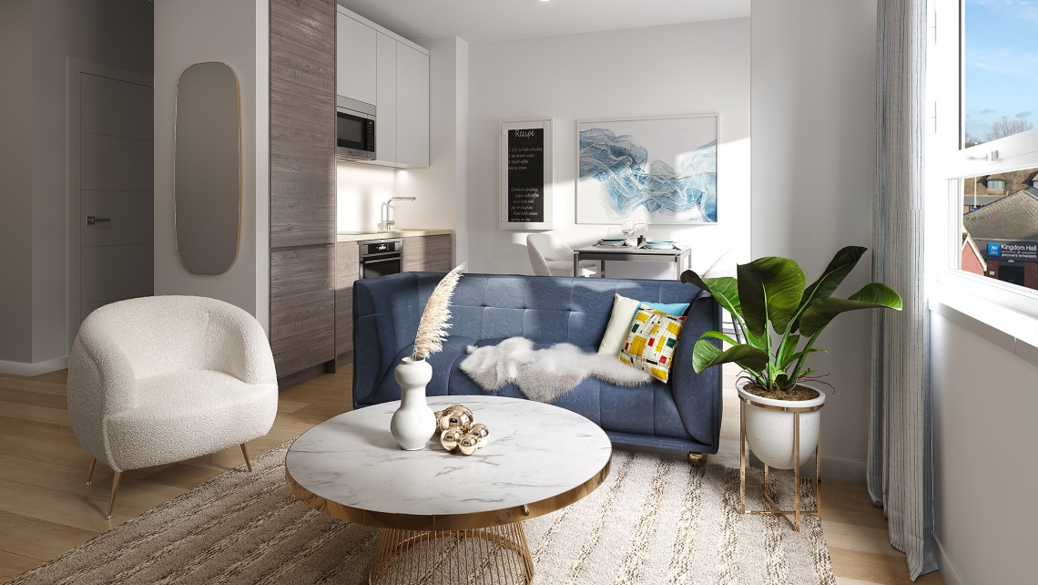 Welcome to Newacre House, East Grinstead Living area in a Newacre House apartment, © Galliard Homes.