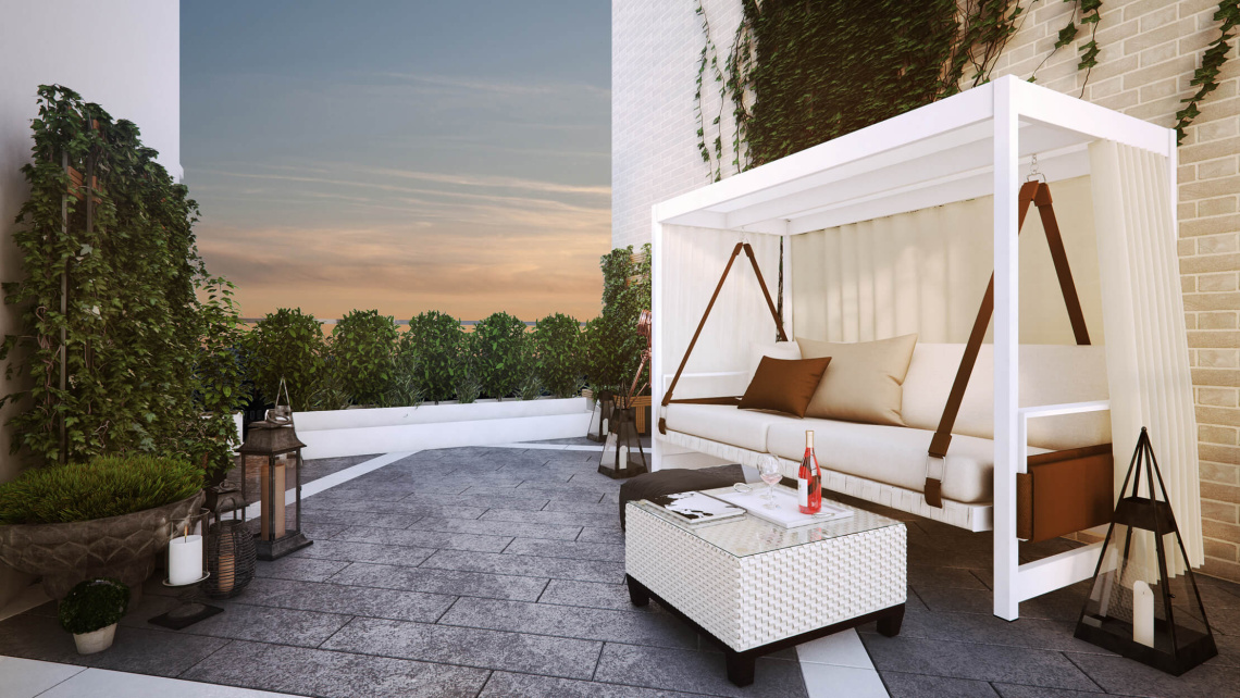 Private roof terrace at Hanway Gardens, computer generated image intended for illustrative purposes only, ©Galliard Homes.