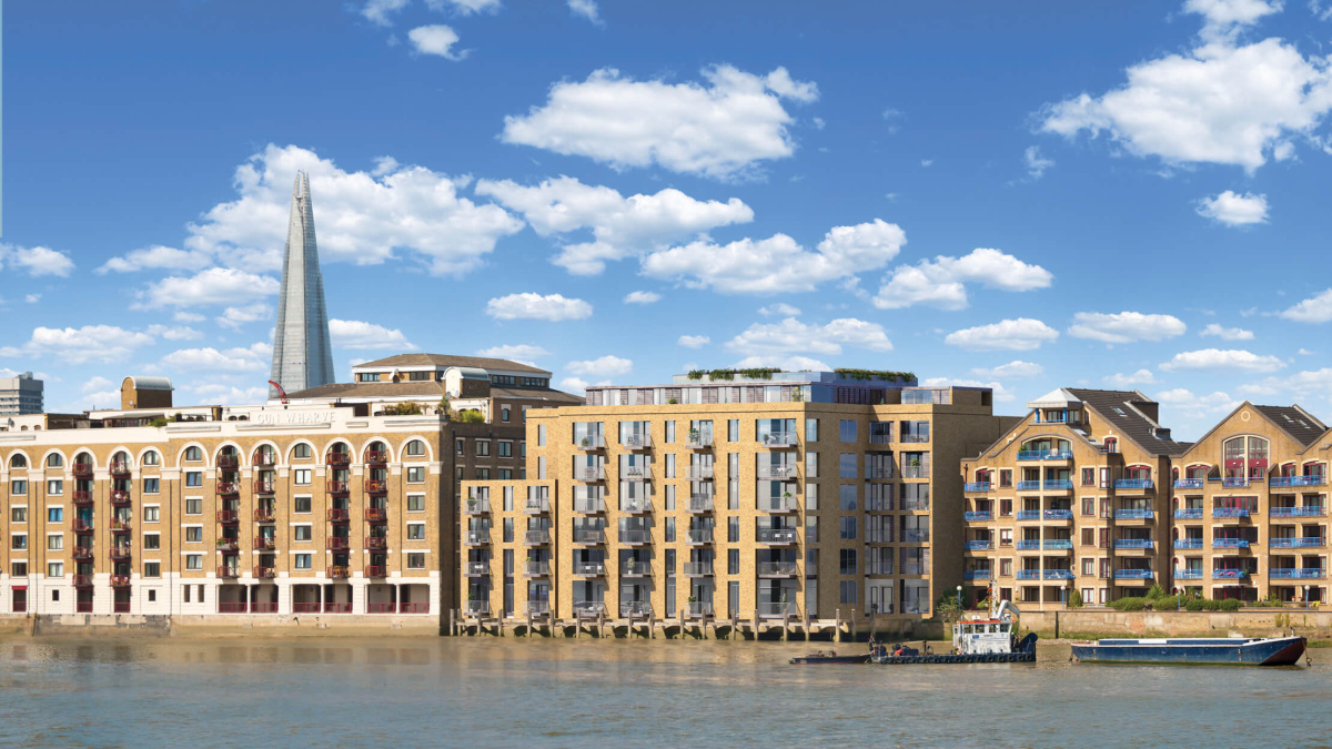 Wapping Riverside rear exterior, computer generated image intended for illustrative purposes only, ©Galliard Homes.