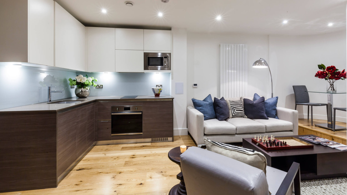 Kitchen and living area in a Galliard Homes studio apartment, ©Galliard Homes.