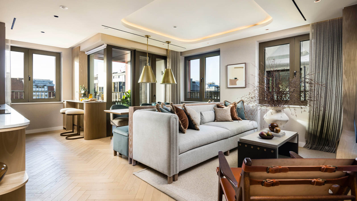 Open-plan living area at a TCRW SOHO penthouse ©Galliard Homes.