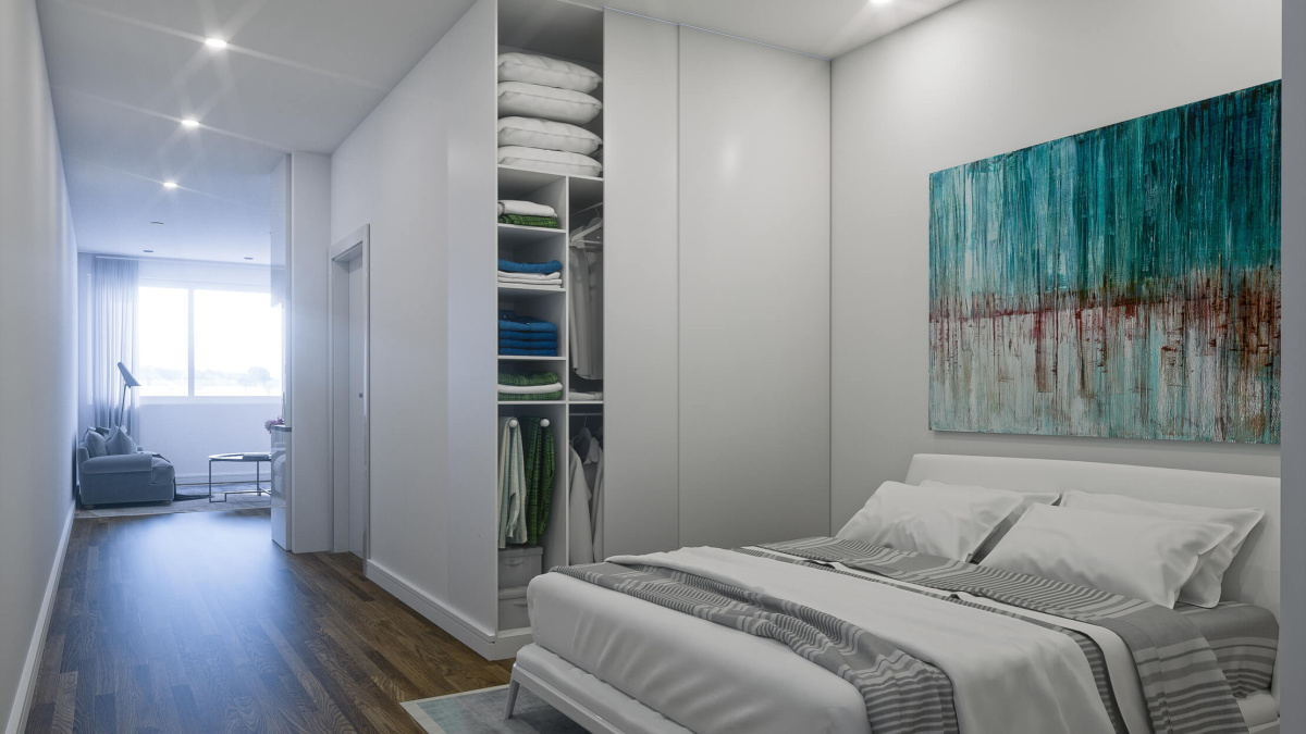 Bedroom area in a Galliard Homes studio apartment, ©Galliard Homes.