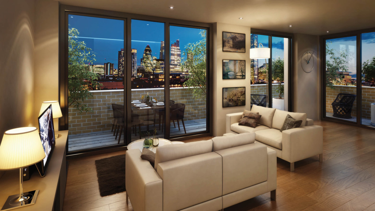 Living room and private terrace at The Fusion, computer generated image intended for illustrative purposes only, ©Galliard Homes.