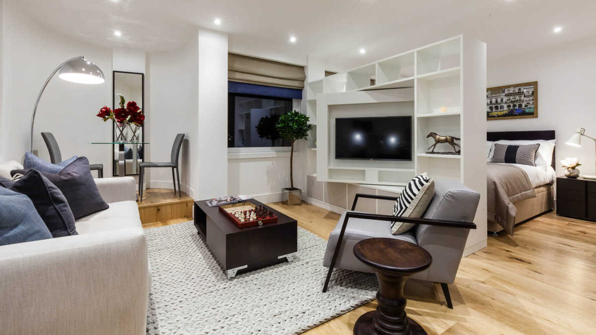 Living and bedroom area at a Riverdale House studio show apartment, ©Galliard Homes.