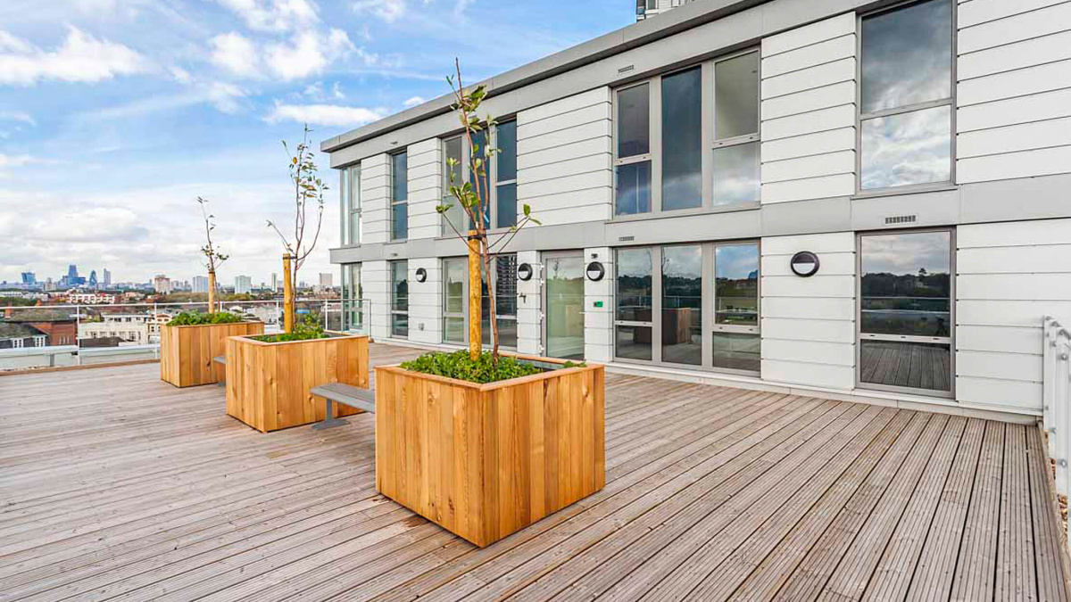 Communal roof terrace decking section at Distillery Crescent, ©Galliard Homes.
