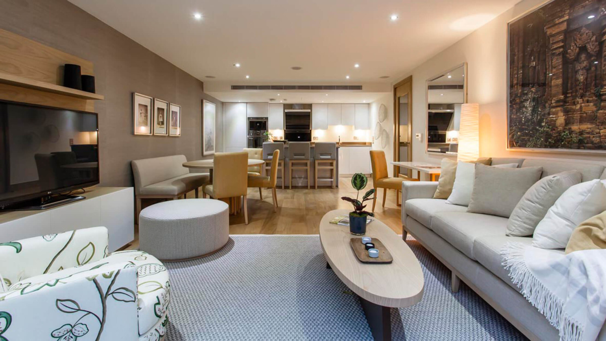 Open-plan living area at Highbeam House, ©Galliard Homes.