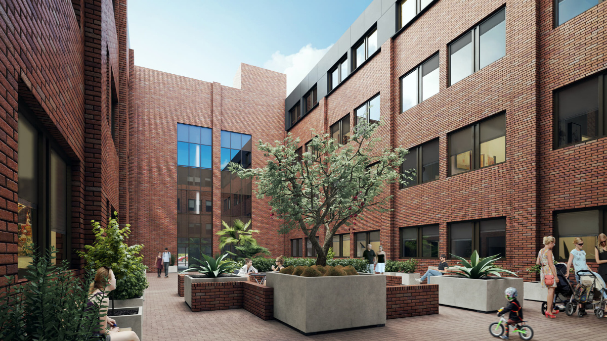 Central landscaped communal courtyard at The Landmark, computer generated image intended for illustrative purposes only, ©Galliard Homes.