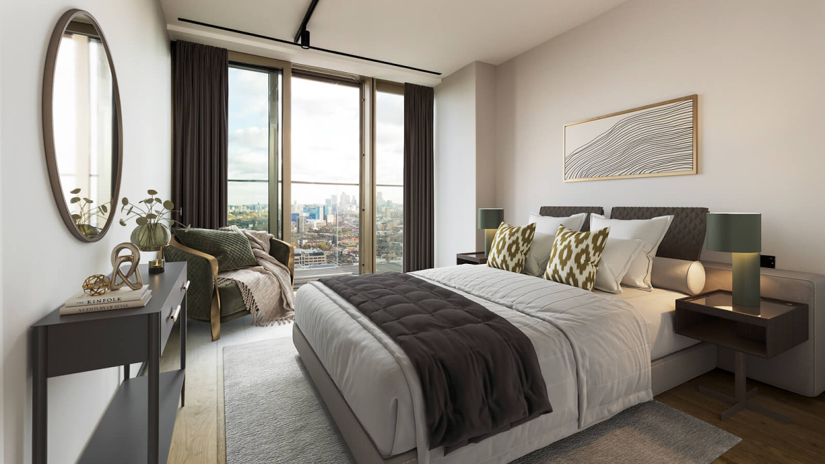 Second bedroom at a three-bedroom apartment at The Stage, furniture superimposed for illustrative purposes only, ©Galliard Homes.
