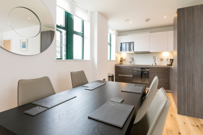 Kitchen and dining area at Crescent House, ©Galliard Homes.