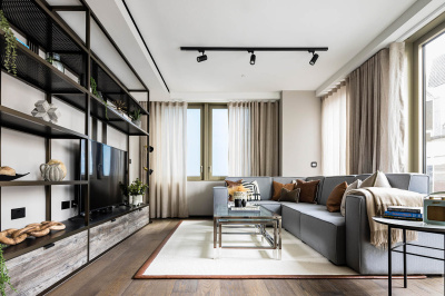 Open-plan living room at a two-bedroom apartment at The Stage, ©Galliard Homes.