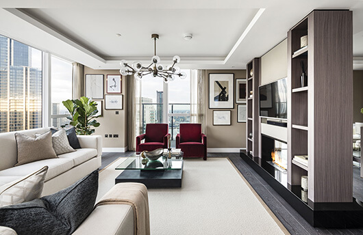Penthouse living room at Harbour Central, E14 by Galliard Homes