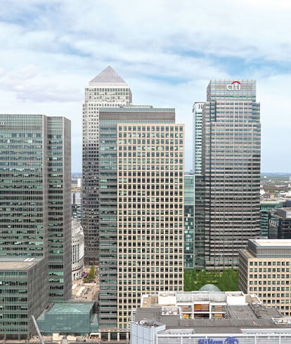 A skyline view of Canary Wharf.