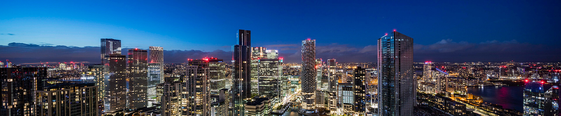 A panoramic of the Docklands skyline at night.