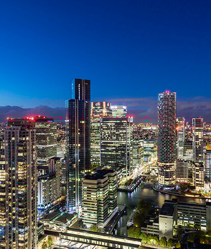 A panoramic of the Docklands skyline at night.