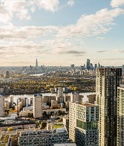 A daytime skyline view of London Docklands