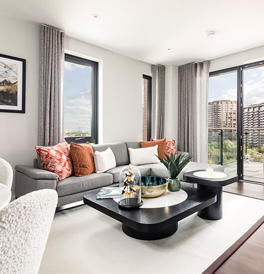 A living and balcony area at an Orchard Wharf show apartment in London Docklands