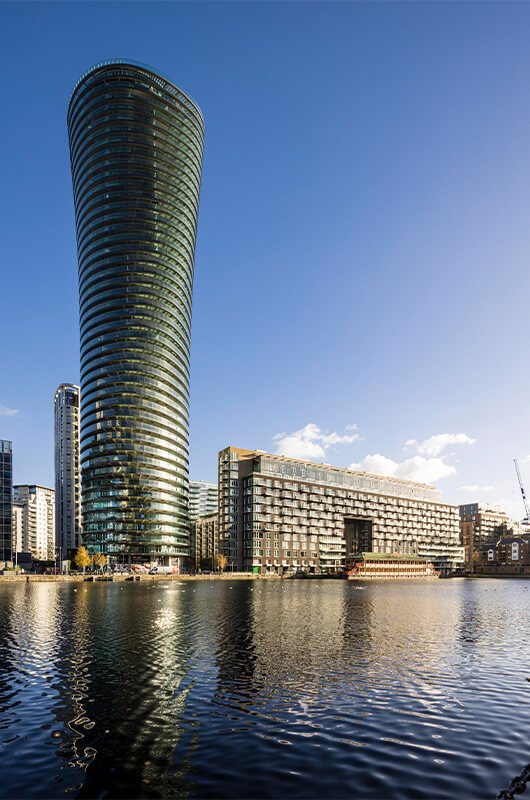 The exterior of Baltimore Tower in Canary Wharf by Galliard Homes