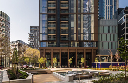 The exterior of Harbour Central, an E14 development by Galliard Homes 