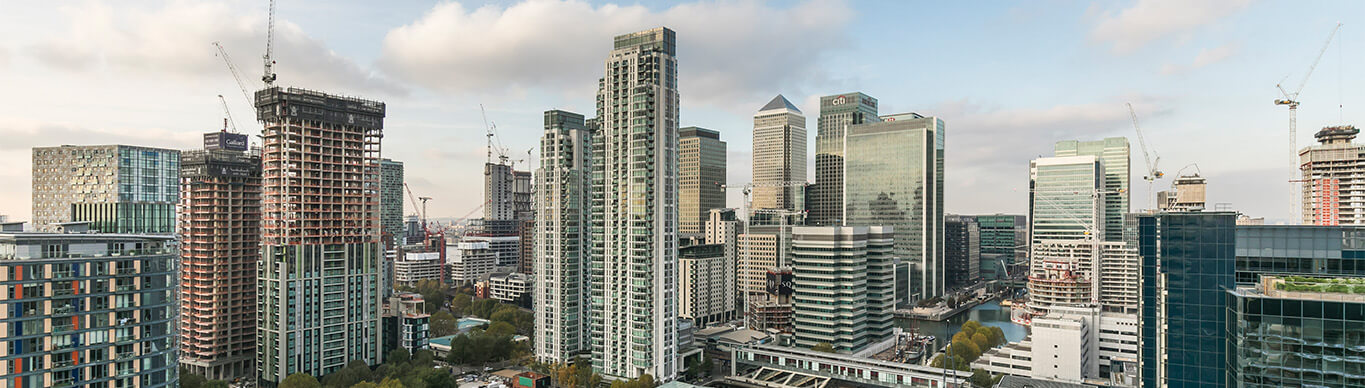 A skyline view of Canary Wharf.