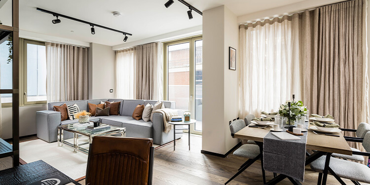 A living and dining area at The Stage, Shoreditch