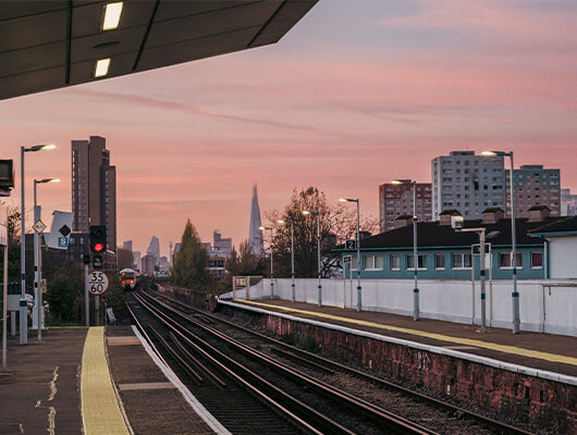 A train track at dusk in Deptford.