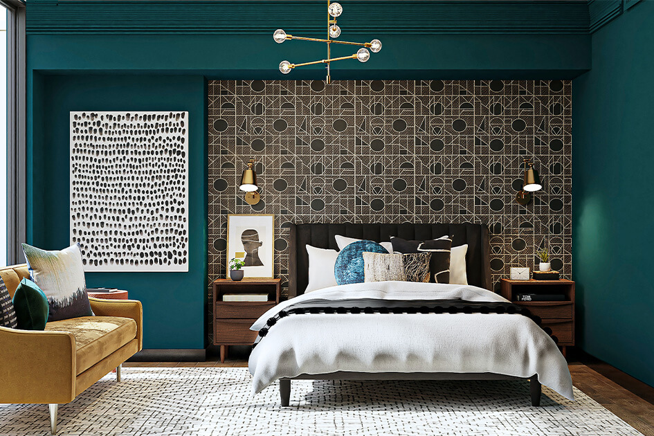 A bedroom with dark walls and luxury interiors