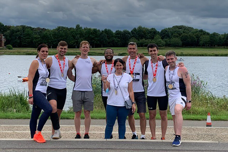 Team Galliard at Dorney Lake, Buckinghamshire after competing in the triathlon for St Mungo's.