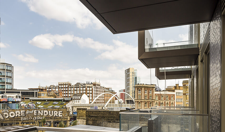 The view of Shoreditch from a show apartment at The Stage.