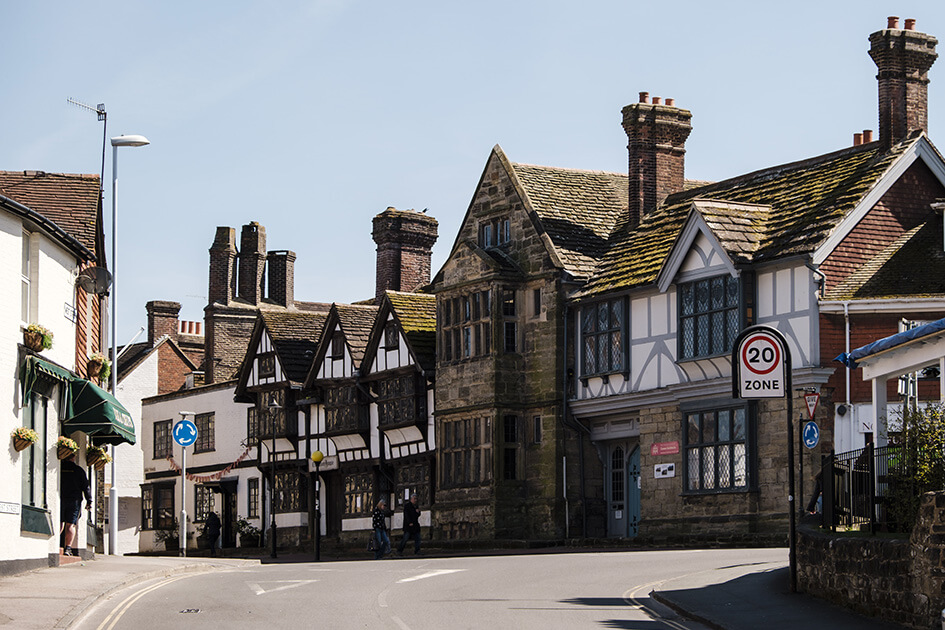 Tudor style buildings on the local high street in East Grinstead