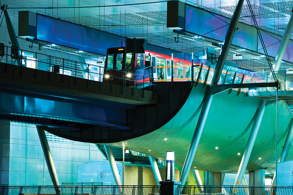 A DLR train arriving at a station.