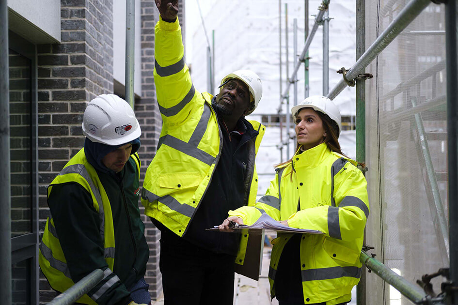 Part of the Galliard Homes team on a construction site.