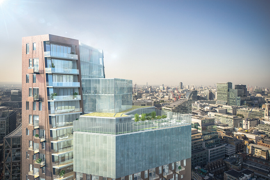 An exterior CGI of The Stage in Shoreditch, a new mixed-use development by Galliard Homes in East London.