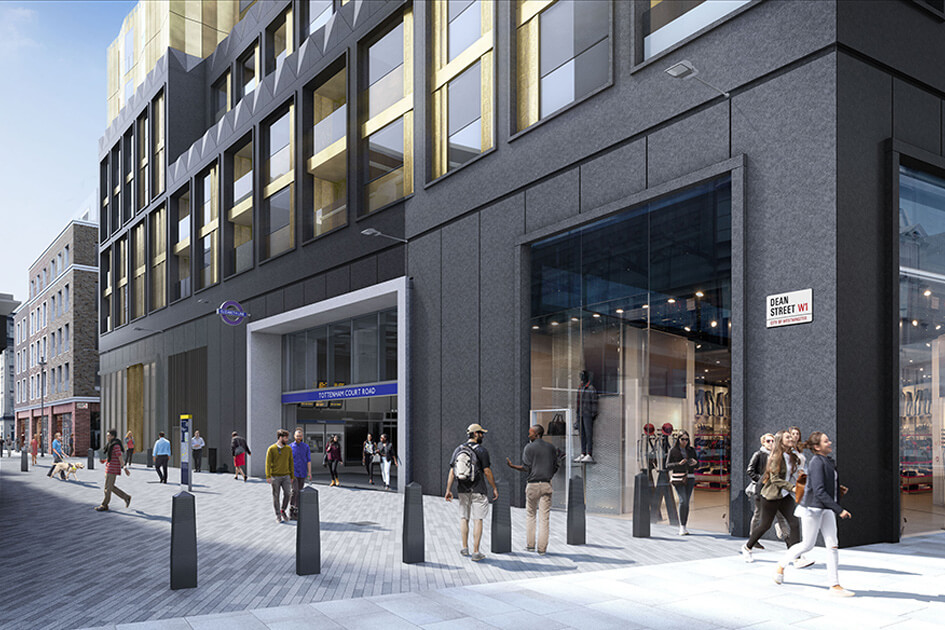 An exterior CGI of the new Tottenham Court Road ticket hall and TCRW SOHO by Galliard Homes. 