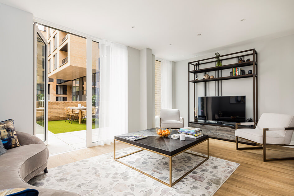 A living and patio area at the Wimbledon Grounds show maisonette