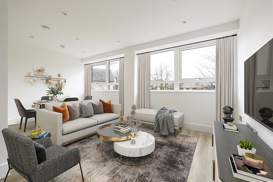 A living area at Newacre House by Galliard Homes