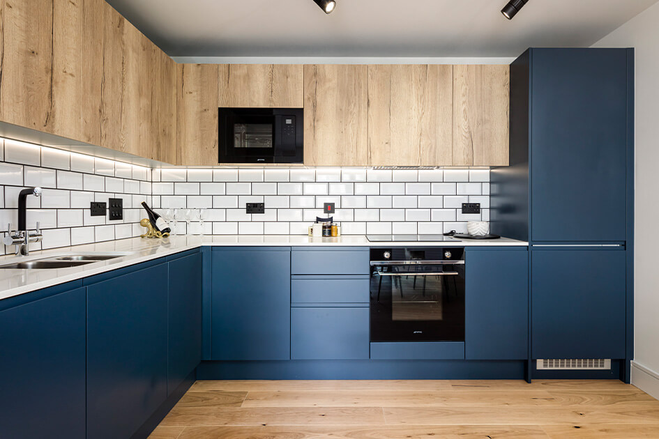A two-tone kitchen at Newham's Yard by Galliard Homes