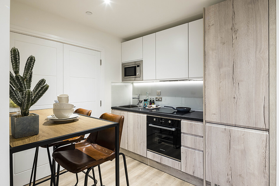 A kitchen area at the one bedroom show apartment at Newacre House, East Grinstead.