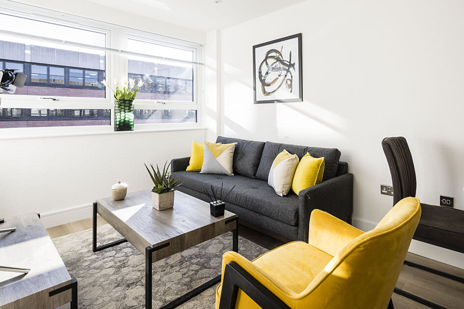 A living area at a one bedroom show apartment at Newacre House in East Grinstead.