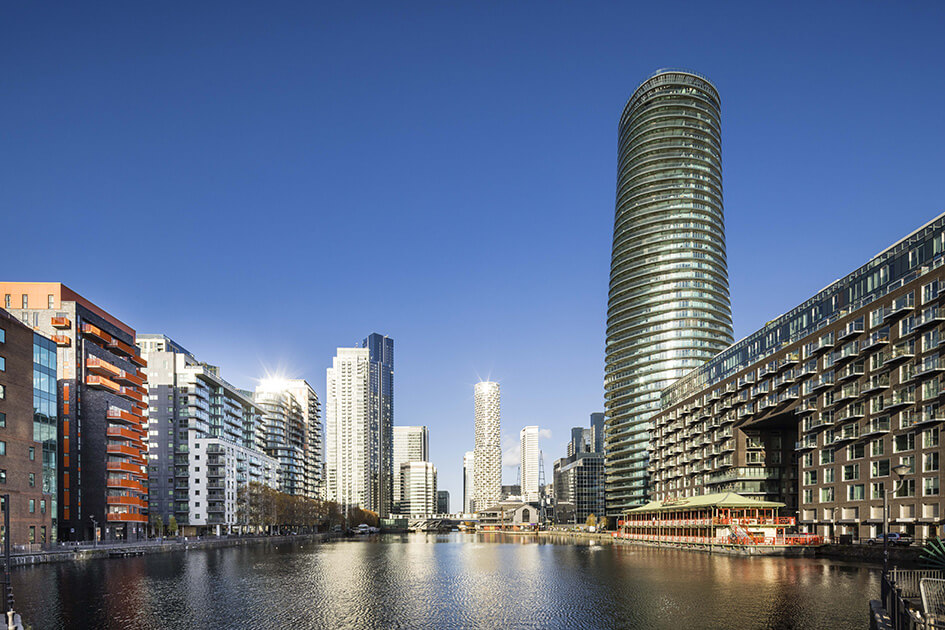 Baltimore Tower, a development by Galliard Homes, and the River Thames in London Docklands.