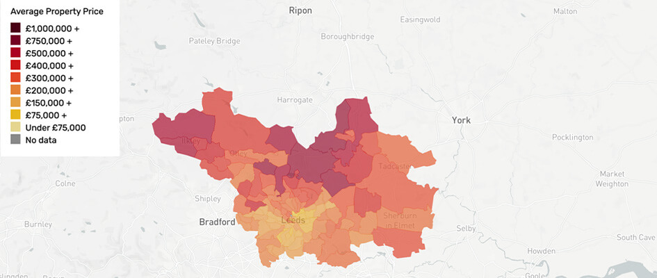 A map of Leeds showing the average property price by area.