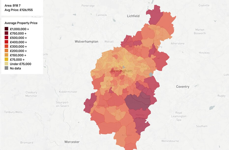 A map of Birmingham showing the average property price by area.