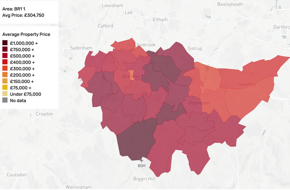 A map of Bromley showing the average property price by area.