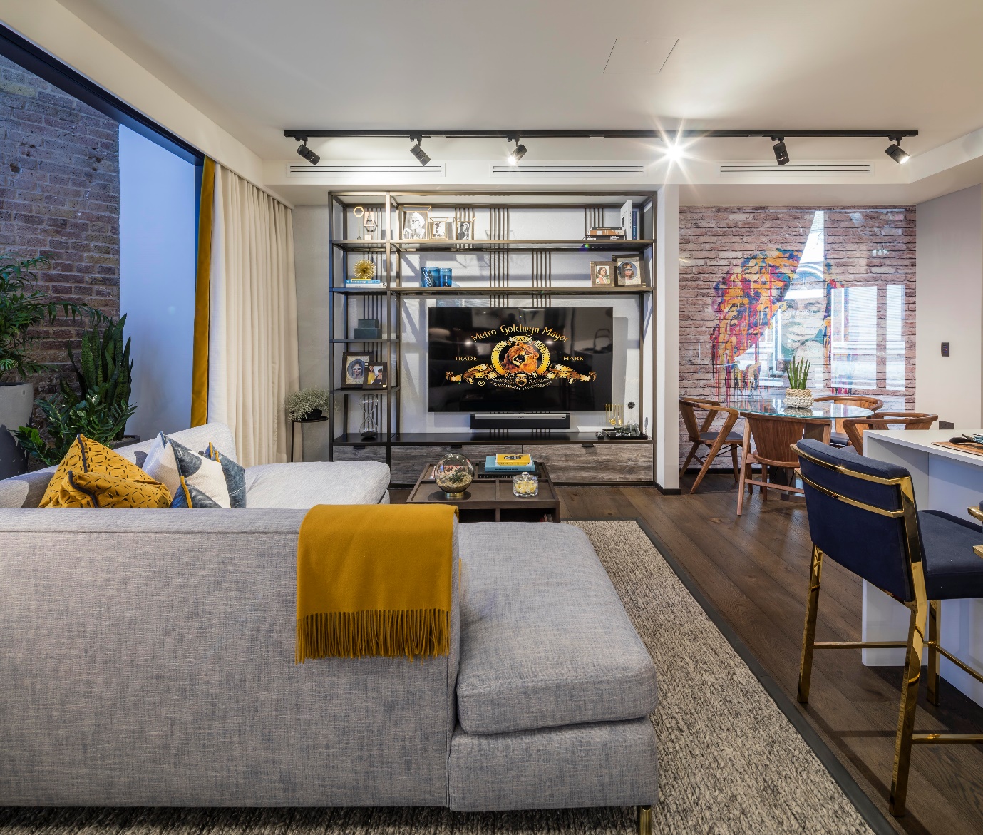 living room with large tv