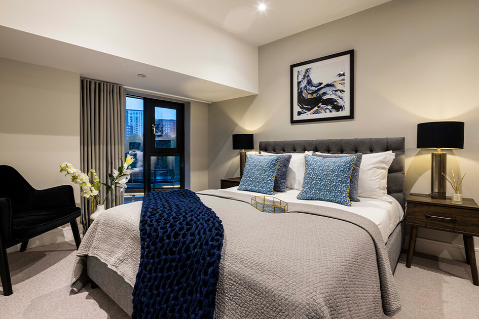 A bedroom area at a Galliard Homes apartment.