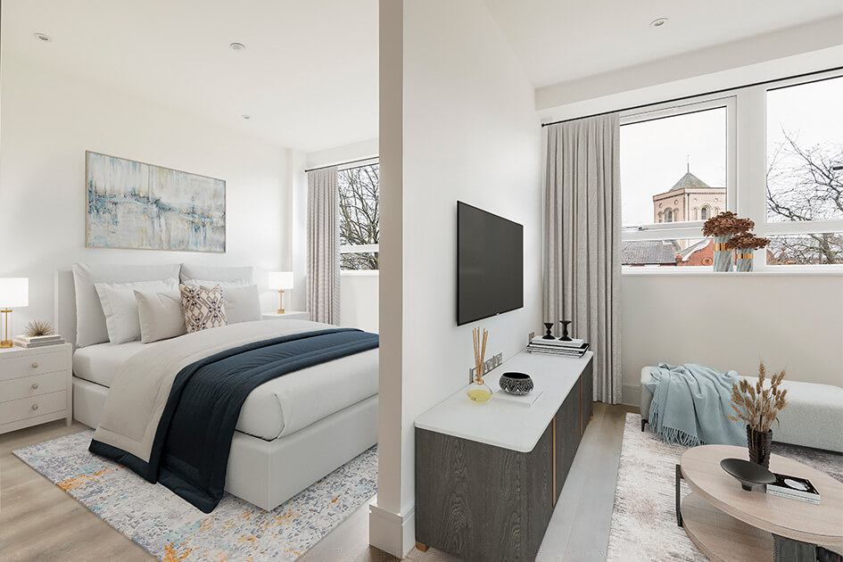 A CGI of a studio apartment at Newacre House in East Grinstead