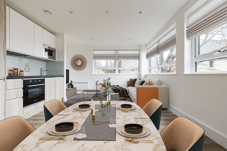 A CGI of a kitchen, living and dining area at Newacre House in East Grinstead