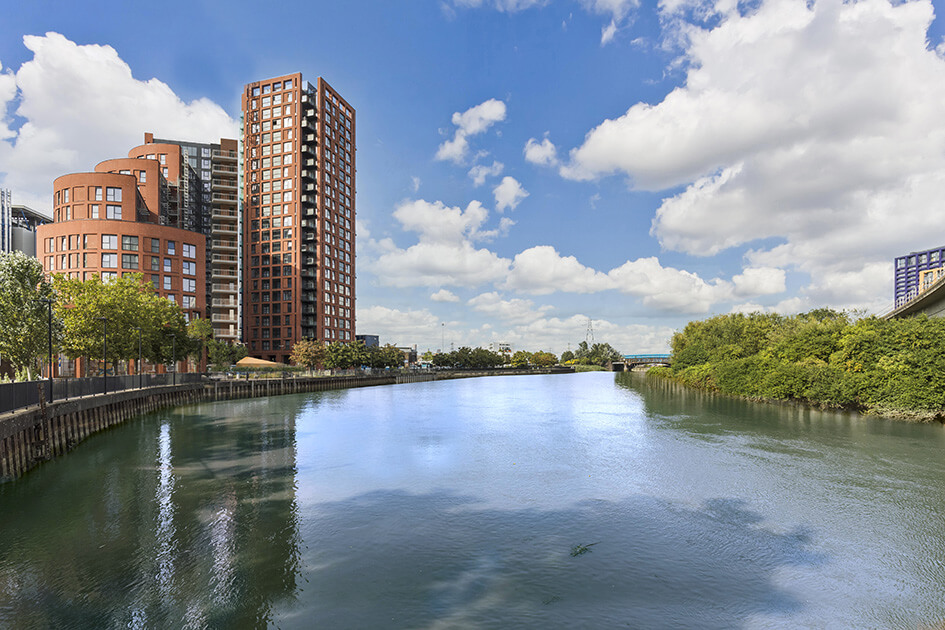 The exterior of Orchard Wharf and the River Lea by Galliard Homes.