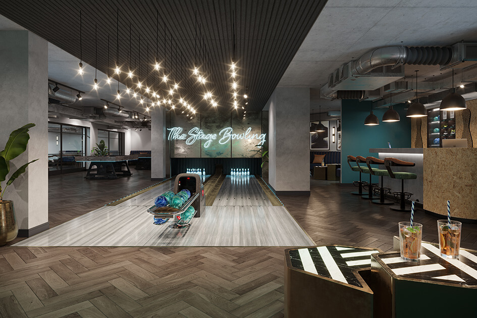 CGI of The Stage bowling alley in Shoreditch by Galliard Homes.