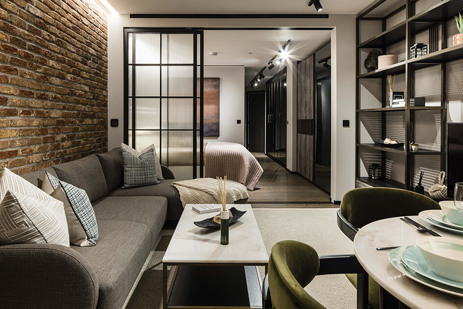 A living area at The Stage studio show apartment in Shoreditch by Galliard Homes.